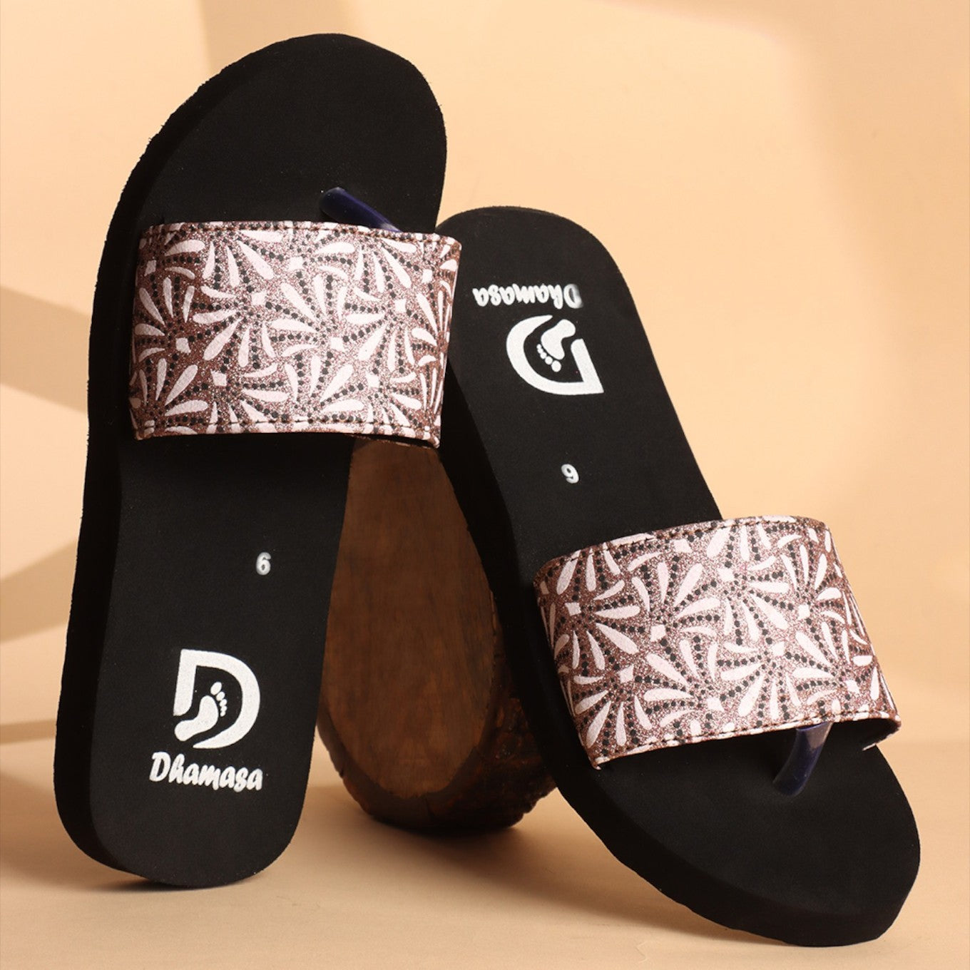 Women's Black Flat Slippers with Brown & White Ethnic Pattern Strap –